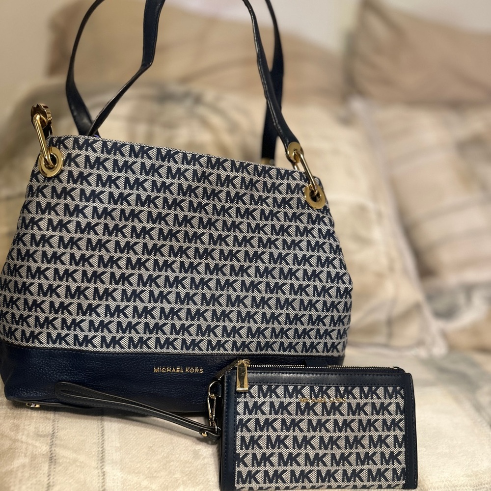 Michael Kors Navy Blue Monogram Tote and Wallet Set